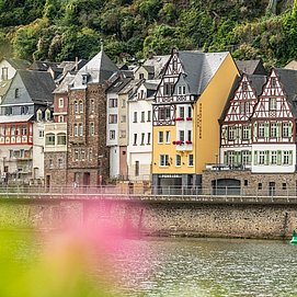 Häuser am Moselufer neben dem Mosel-Radweg bei Cochem