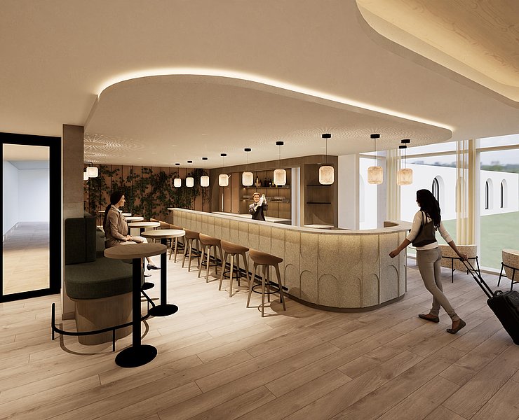Lobby mit Rezeption und Bar - Rendering
