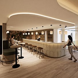 Lobby mit Rezeption und Bar - Rendering