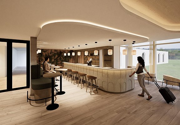 Lobby mit Rezeption und Bar - Rendering