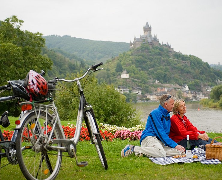 Mosel-Radweg mit Blick auf die Reichsburg in Cochem
