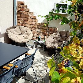 Die Terrasse von Weinreben umrankt